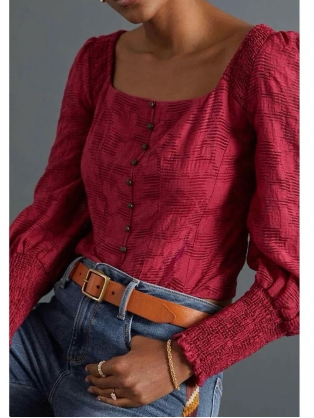 By Anthropologie Romantic Puff Sleeve Square-Neck Button Blouse Deep Red XS